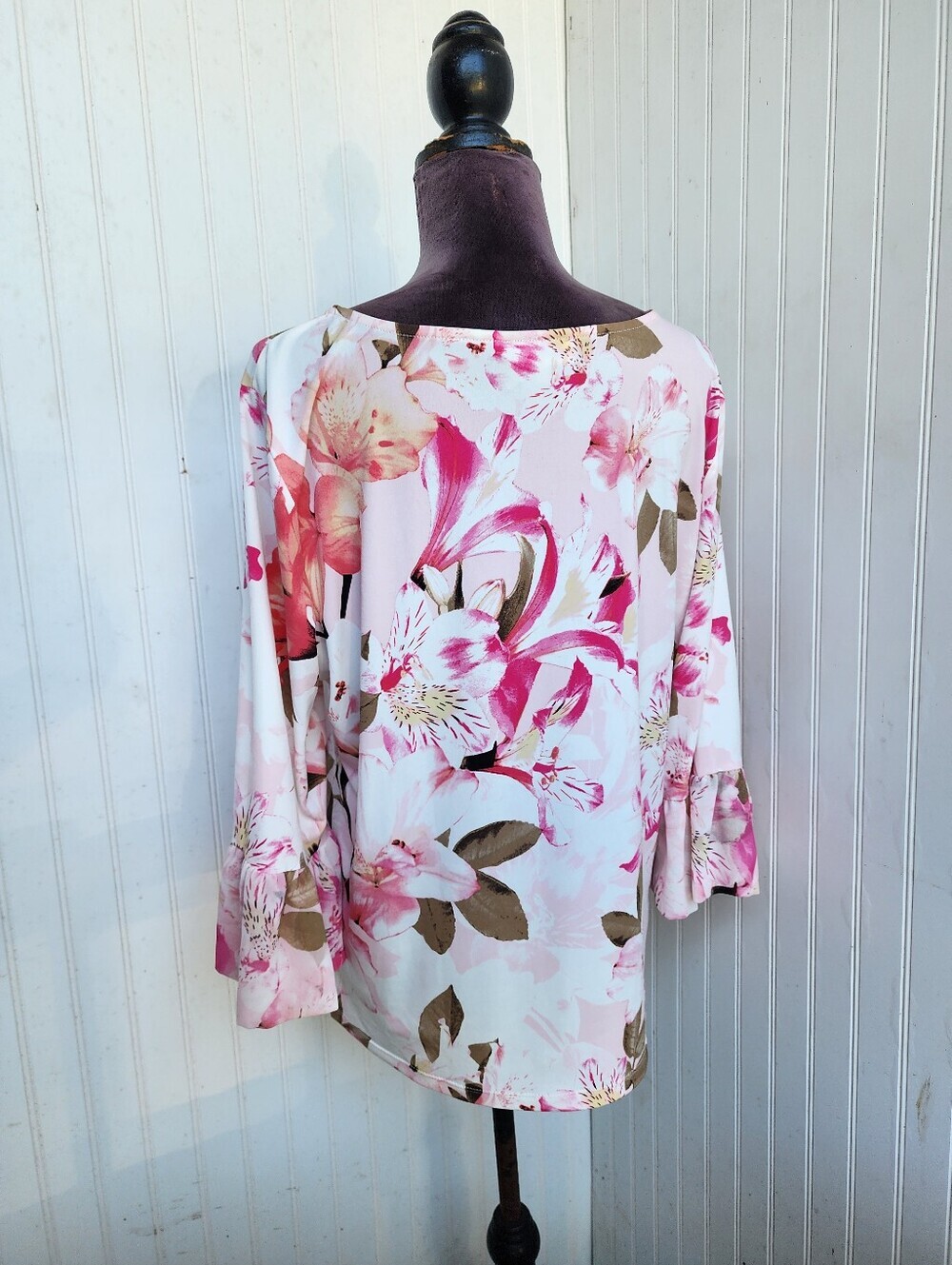Calvin Klein White Pink Floral Rose Bell Flare Sleeve Women's Blouse Stretch XL - Picture 6 of 12